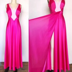 Vintage OLGA Slip Maxi Dress Colorful Hot Fuchsia & Pink w/ Side Opening XS